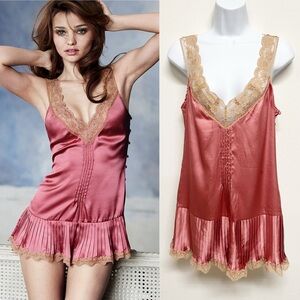 Victorias Secret Womens Y2K Pink Lace Trimmed Satin Babydoll Short Romper Size M